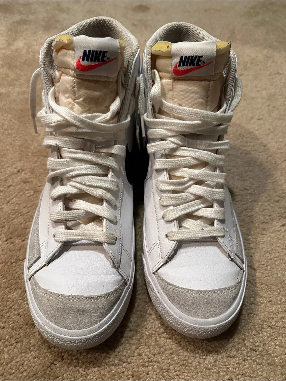 Nike High-Top Sneakers White with Black Swoosh and Yellow Tongue Accents